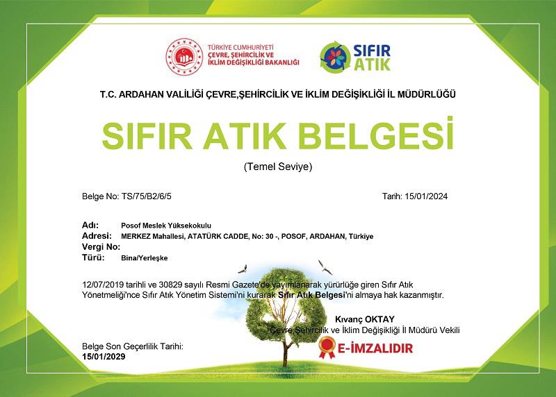 YÜKSEKOKULUMUZ SIFIR ATIK BELGESİ ALMAYA HAK KAZANDI