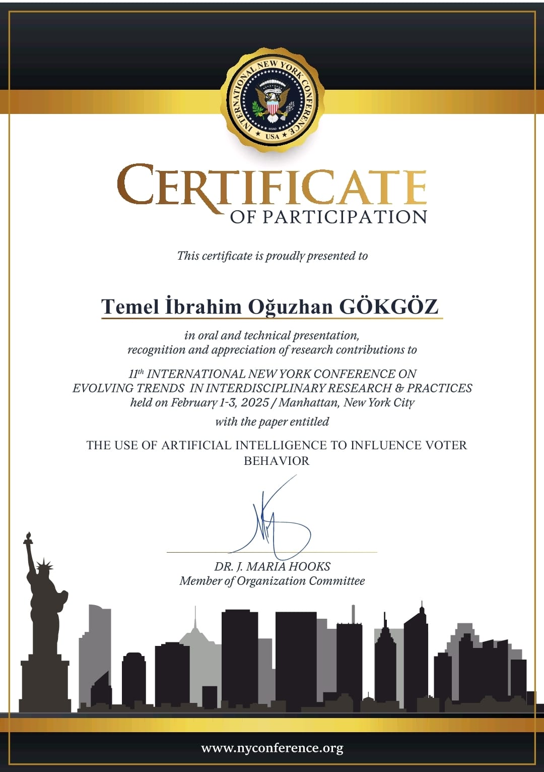Öğr. Gör. Oğuzhan GÖKGÖZ 11.Uluslararası New York Kongresi'nde Bildirisini Sundu